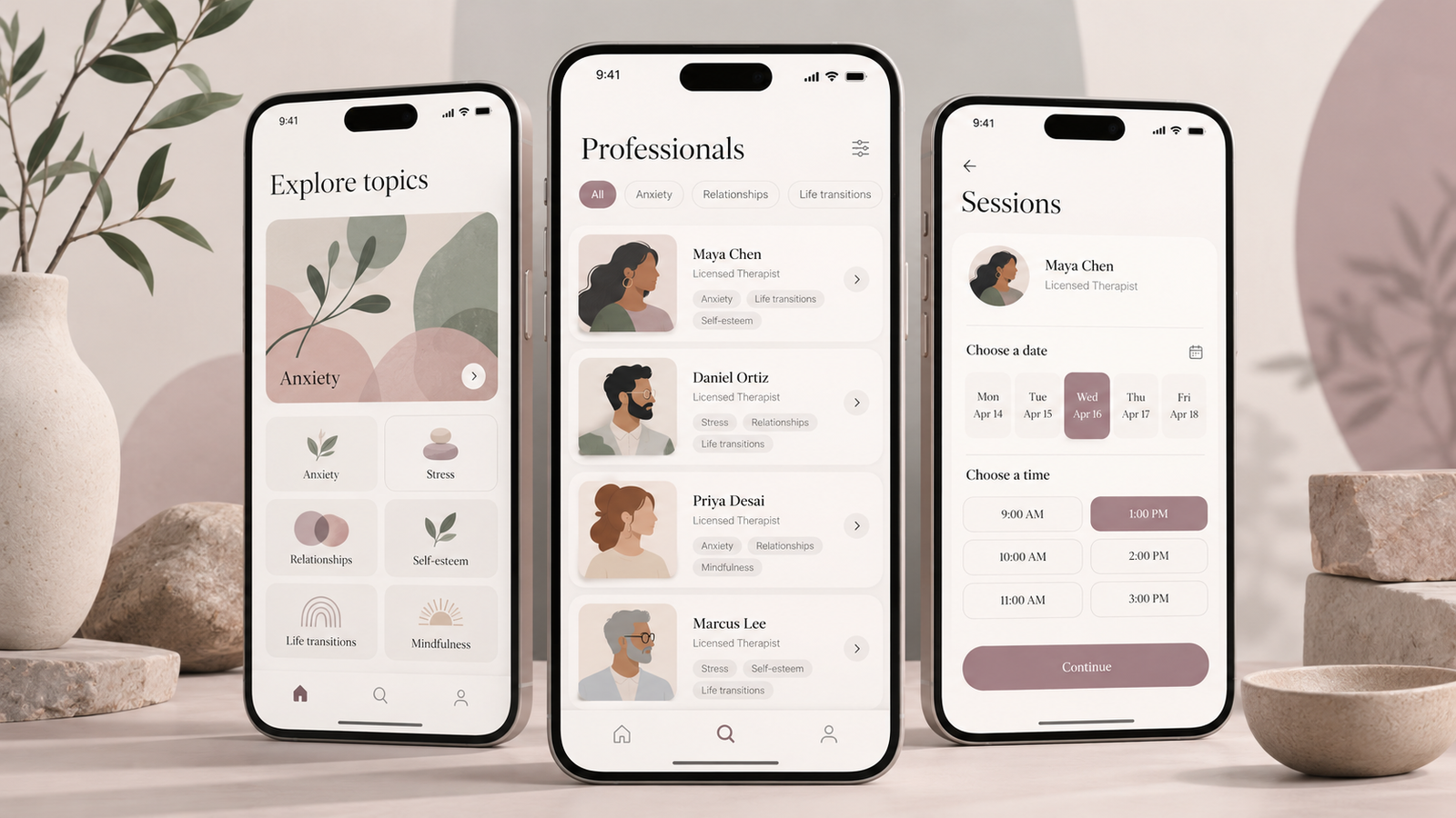 Conceptual Oizys illustration showing topic discovery, support options, and a professional profile across three mobile screens.