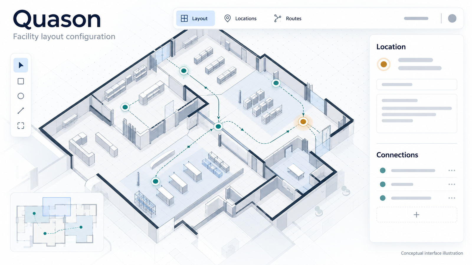 Conceptual Quason illustration of a generic facility layout with location markers, connection lines, and a properties panel.