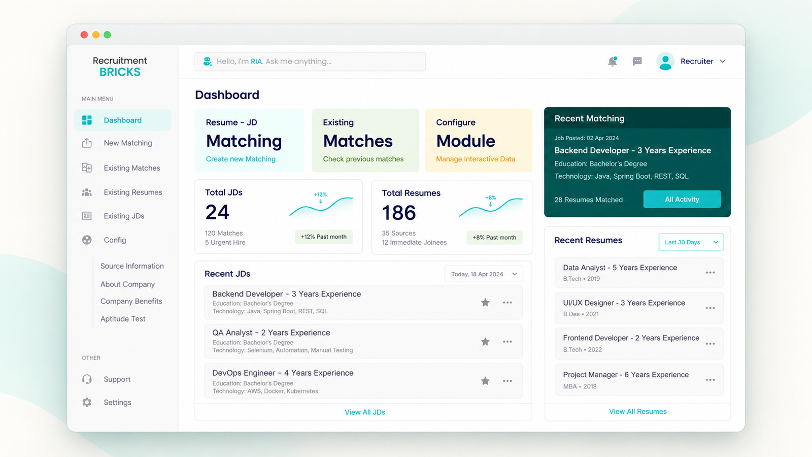 Illustrative Recruitment Bricks dashboard with sidebar navigation, matching shortcuts, and recent activity panels.